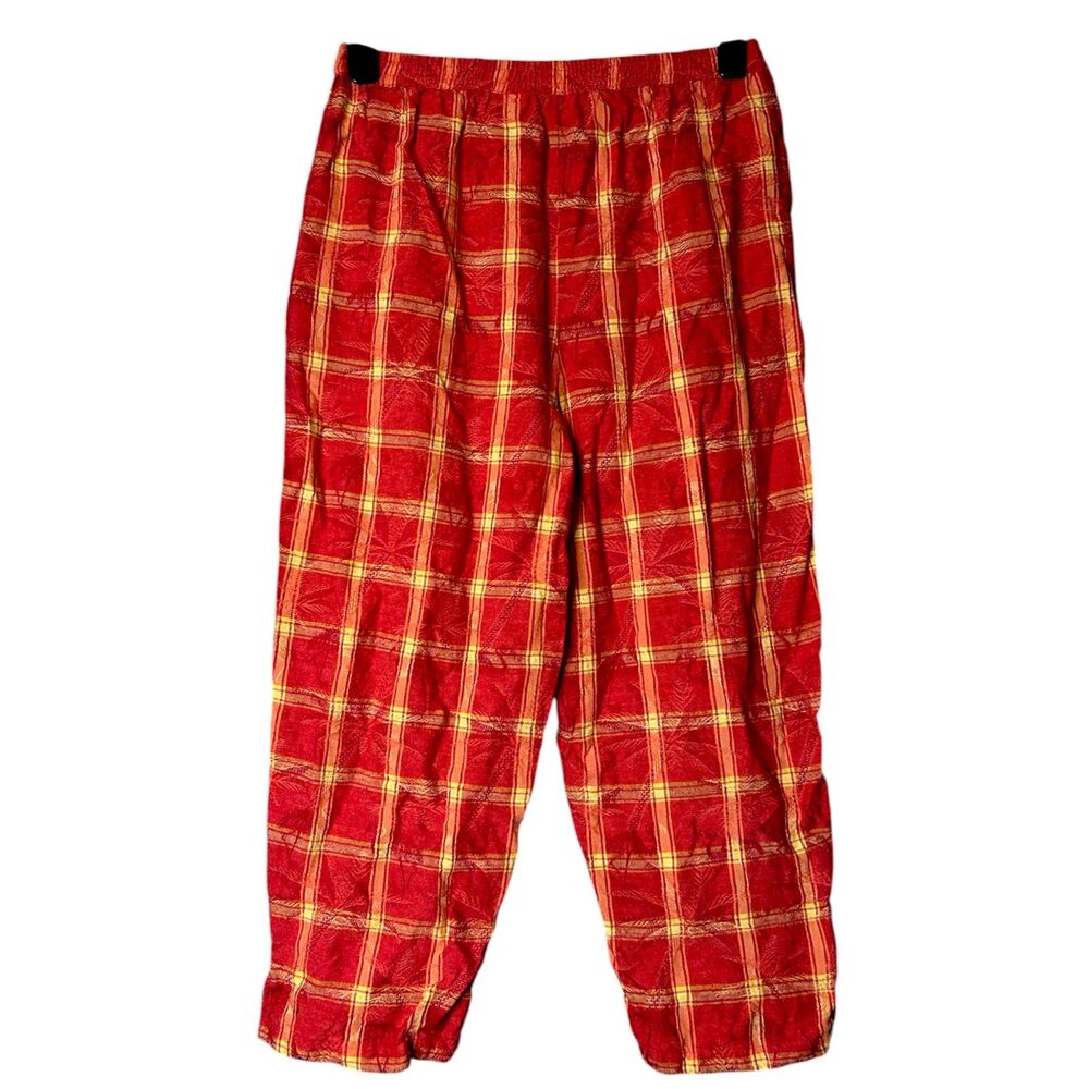 Womens Red Plaid Flamingo Pants - L Wide Leg Island Tropical Vacay Cruise Resort
